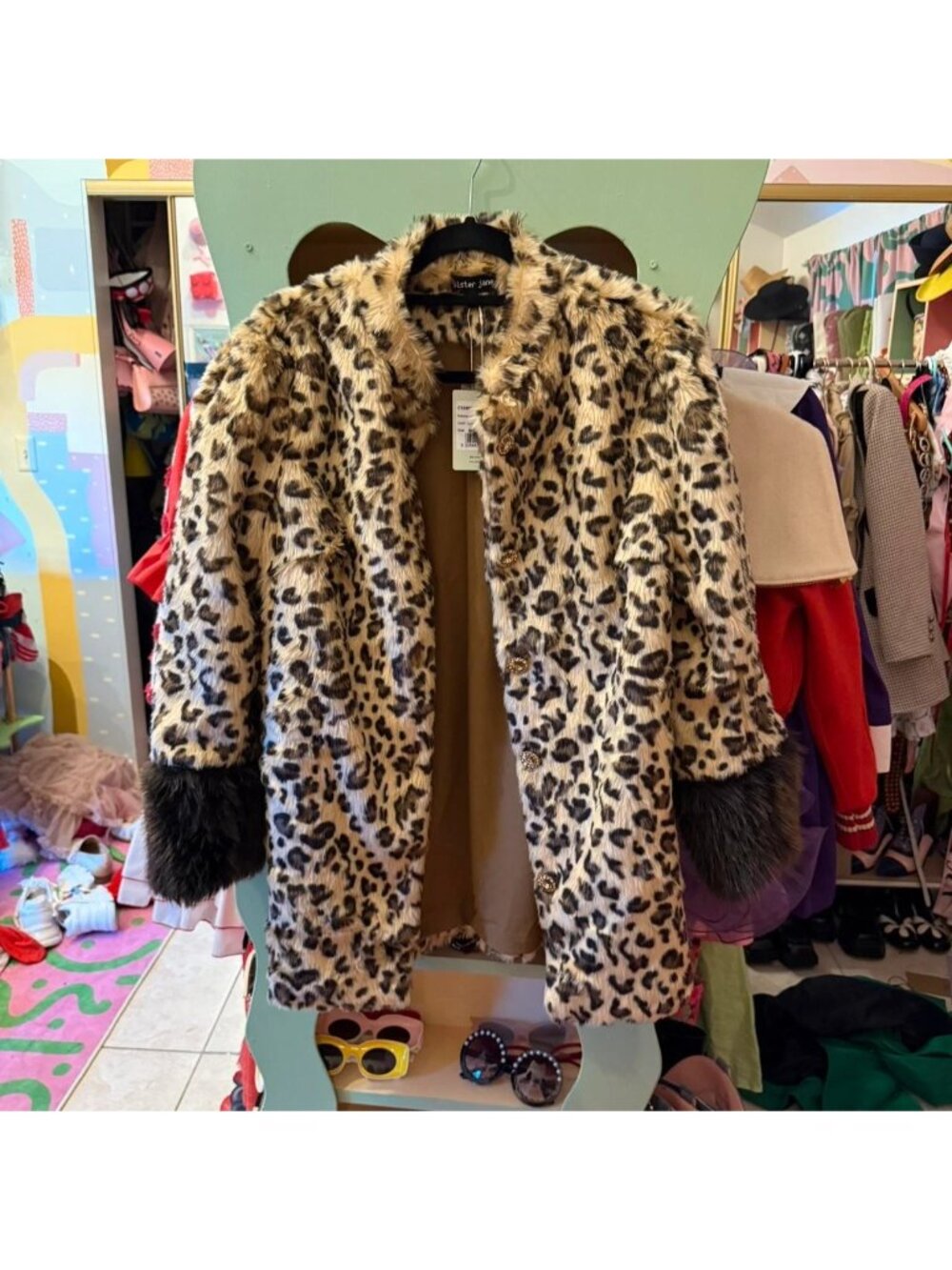 Sister Jane Malone Faux fur leopard coat with faux fur trim size medium  $289